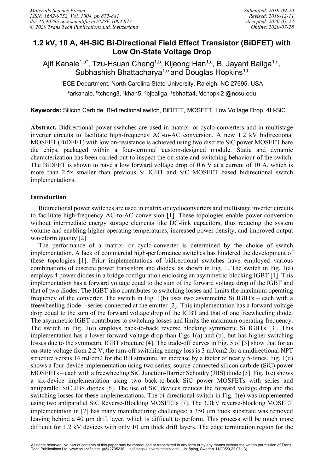 1.2 kV, 10 A, 4H-SiC Bi-Directional Field Effect Transistor (BiDFET) with Low On-State Voltage Drop by unknow