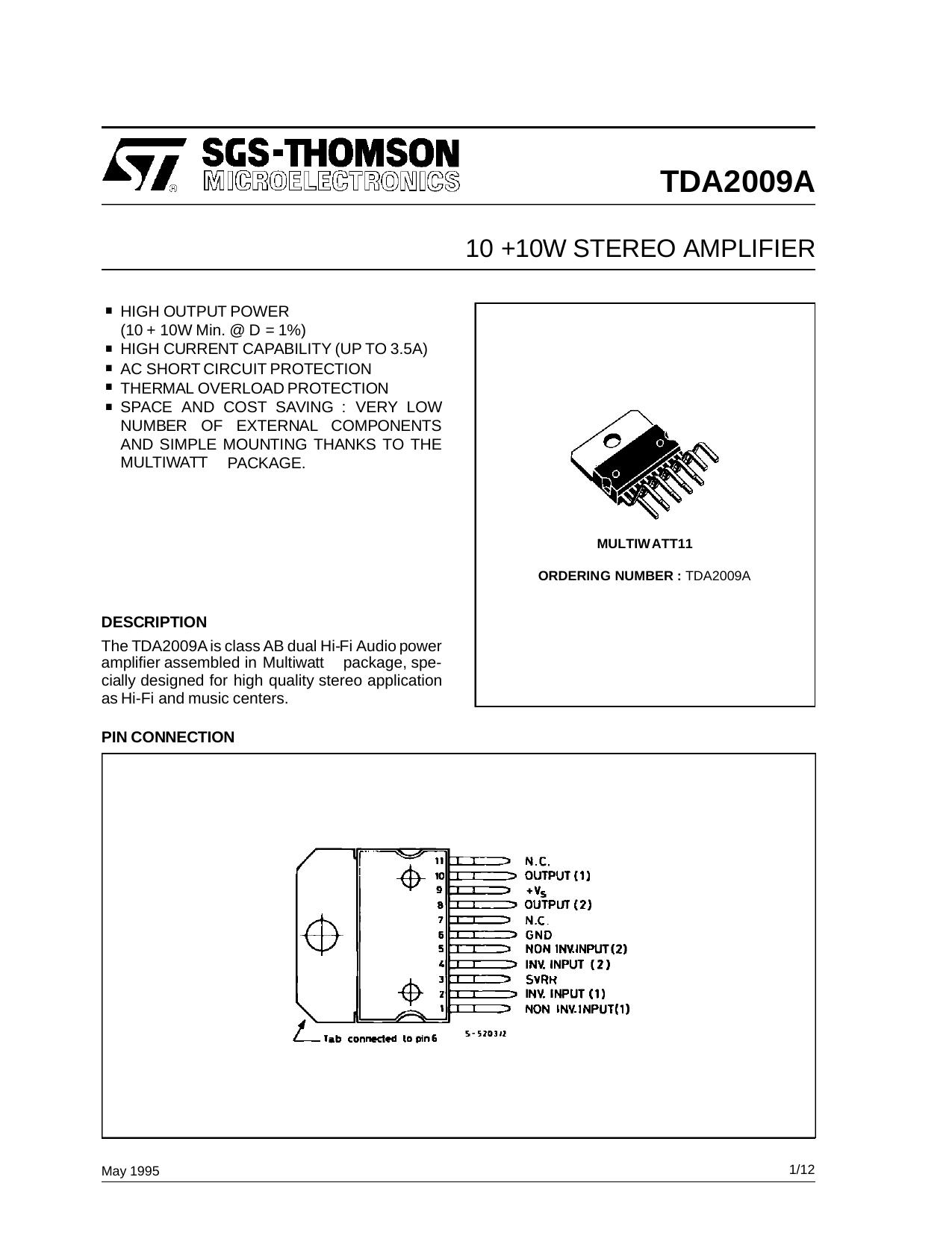 10 + 10W SHORT CIRCUIT PROTECTED STEREO AMPLIFIER by SGS-THOMSON Microelectronics