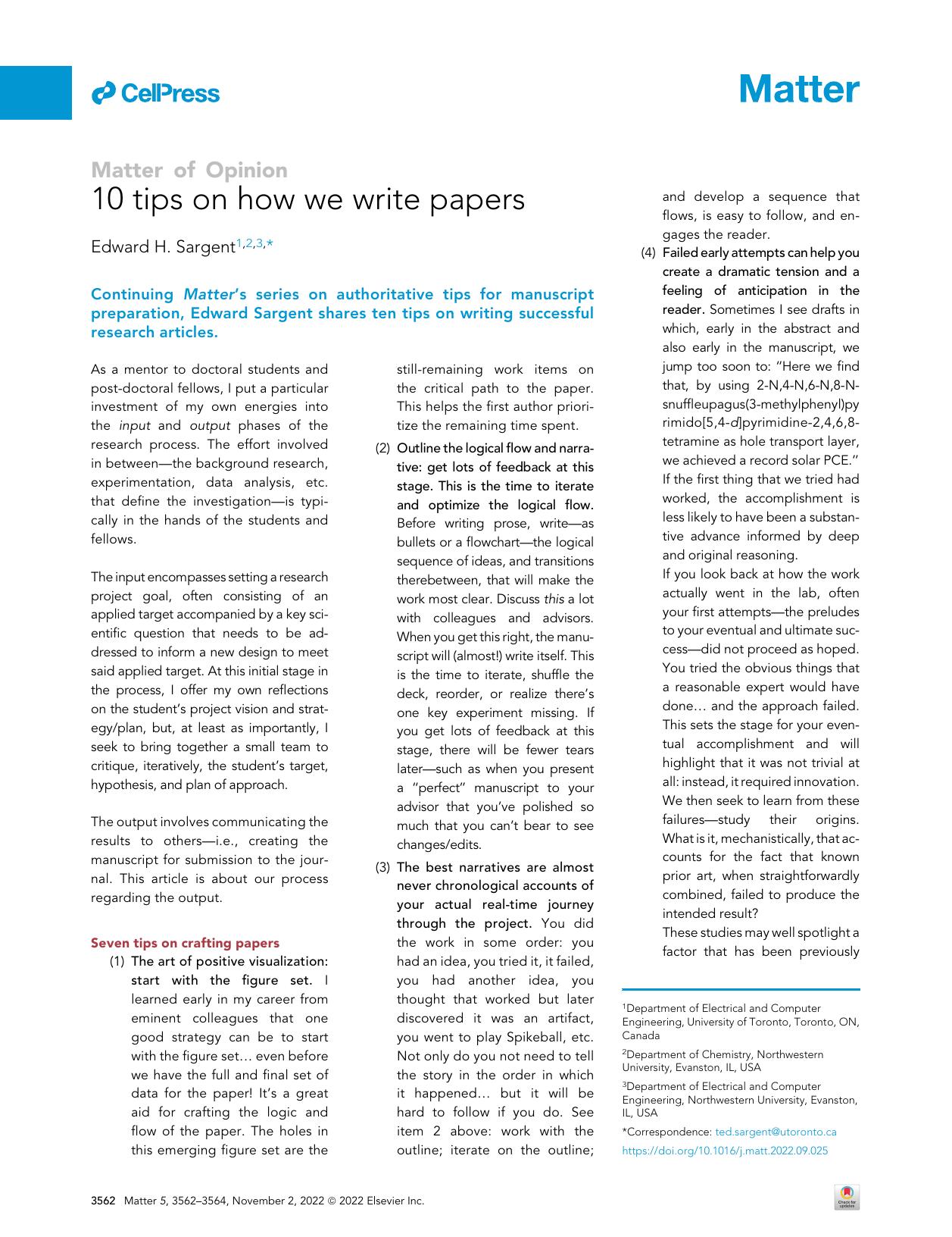 10 tips on how we write papers by Edward H. Sargent