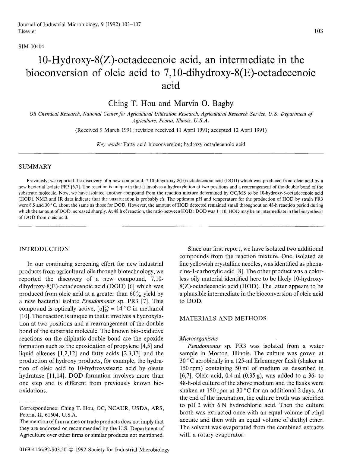10-Hydroxy-8(Z)-octadecenoic acid, an intermediate in the bioconversion of oleic acid to 7,10-dihydroxy-8(E)-octadecenoic acid by Unknown