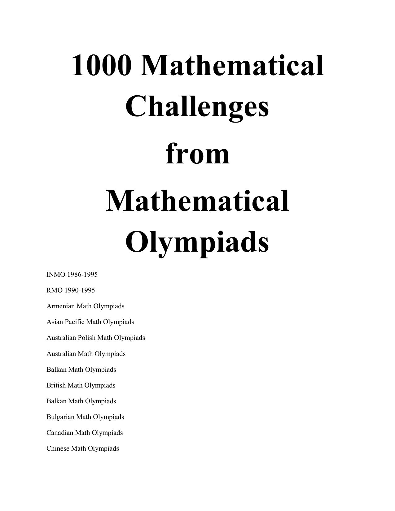 1000 Mathematical Challenges from Mathematical Olympiads INMO 1986-1995 RMO 1990-1995 Singapore Israel Portuguese Math Problems Solutions J N Kapur not Kapoor Mathematical Sciences Trust Society by J N Kapur