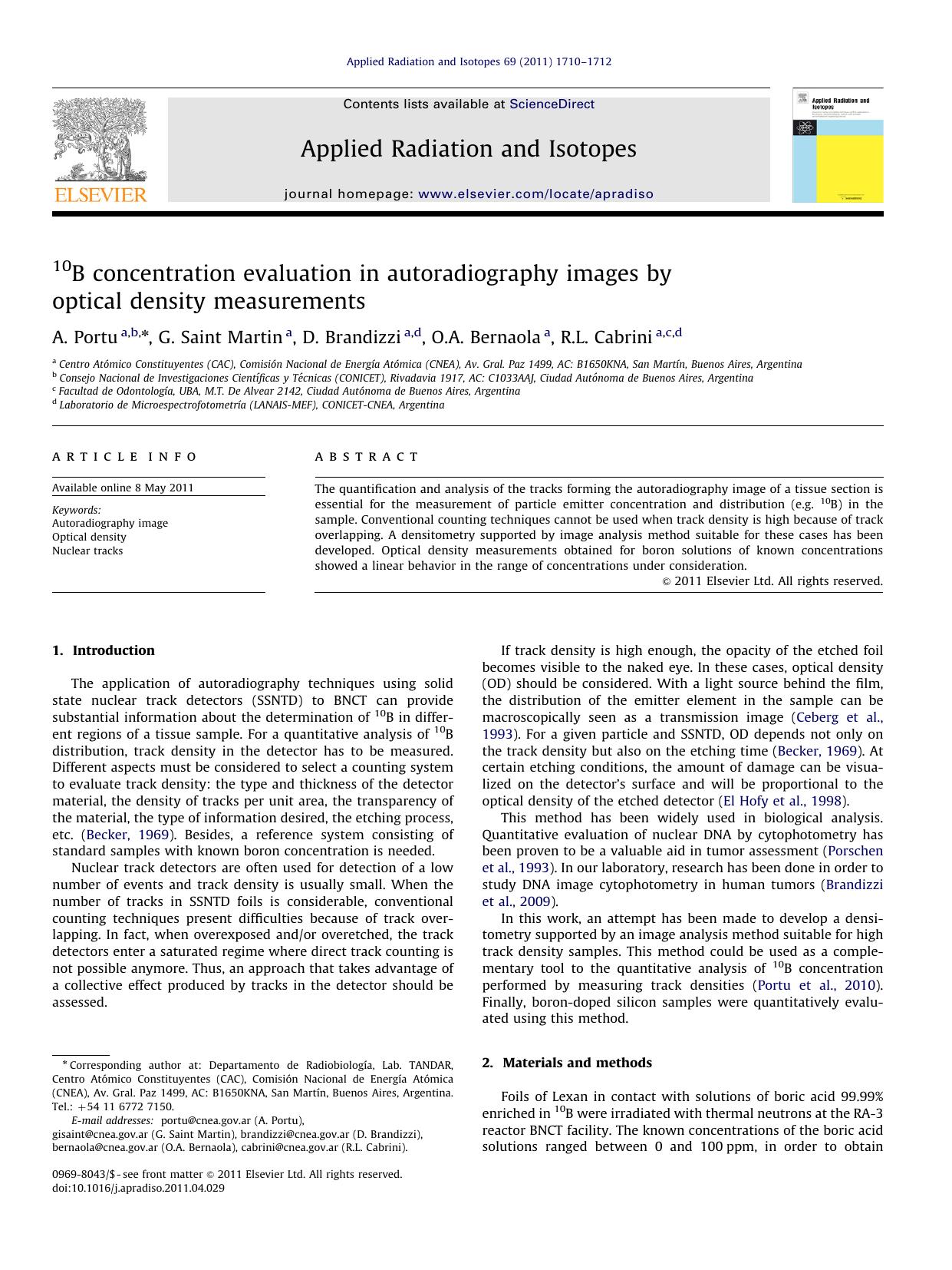 10B concentration evaluation in autoradiography images by optical density measurements by A. Portu & G. Saint Martin & D. Brandizzi & O.A. Bernaola & R.L. Cabrini