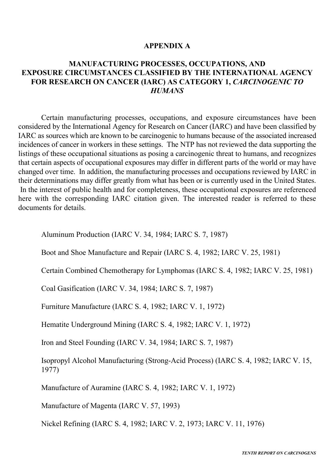10th ROC:Appendix A:Manufacturing Processes, Occupations, and Exposure Circumstances Classified as Category 1, Carcinogenic to Humans by National Toxicology Program