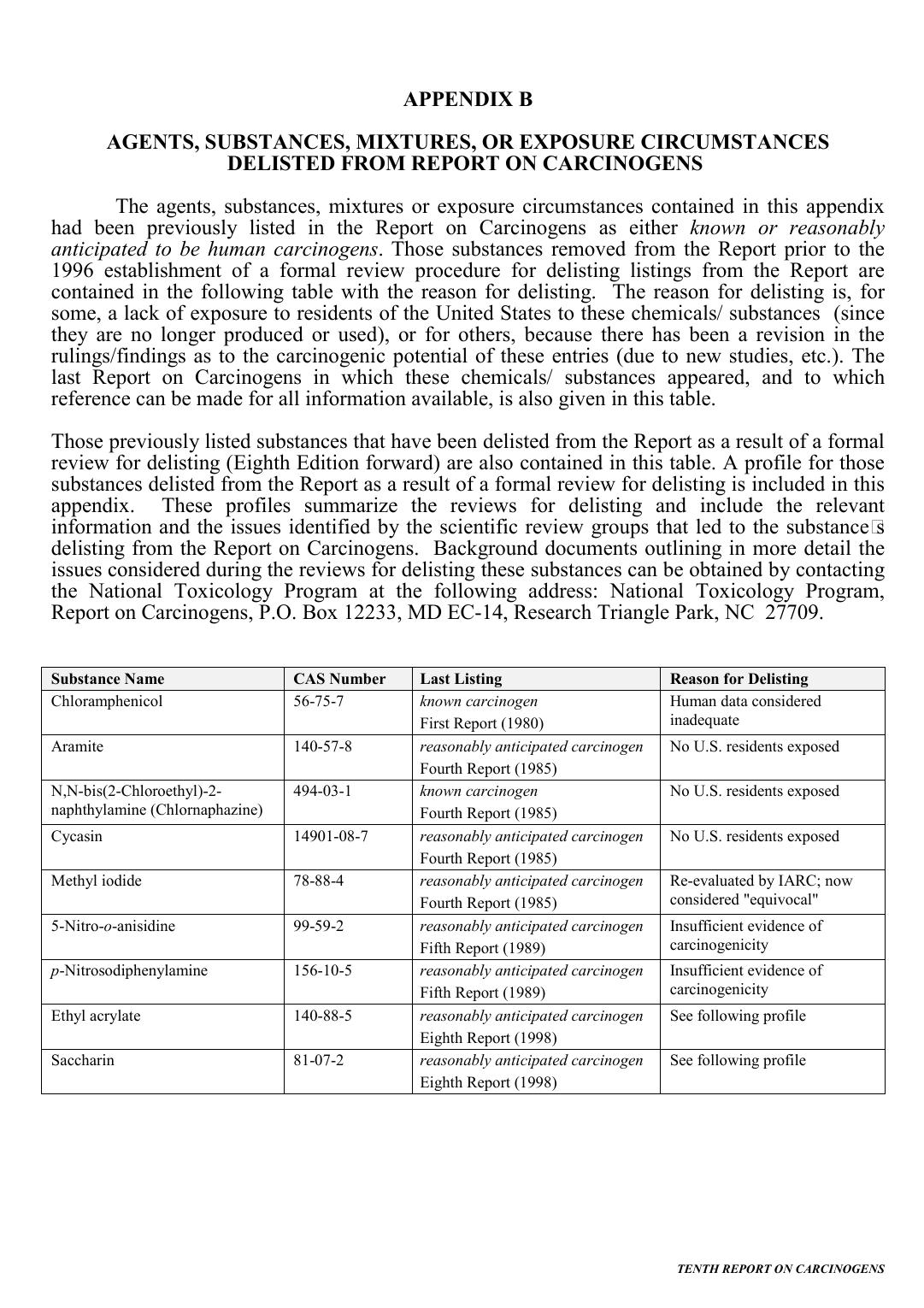 10th ROC:Appendix B: Delisted Agents, Substances, Mixtures, or Exposure Circumstances by National Toxicology Program