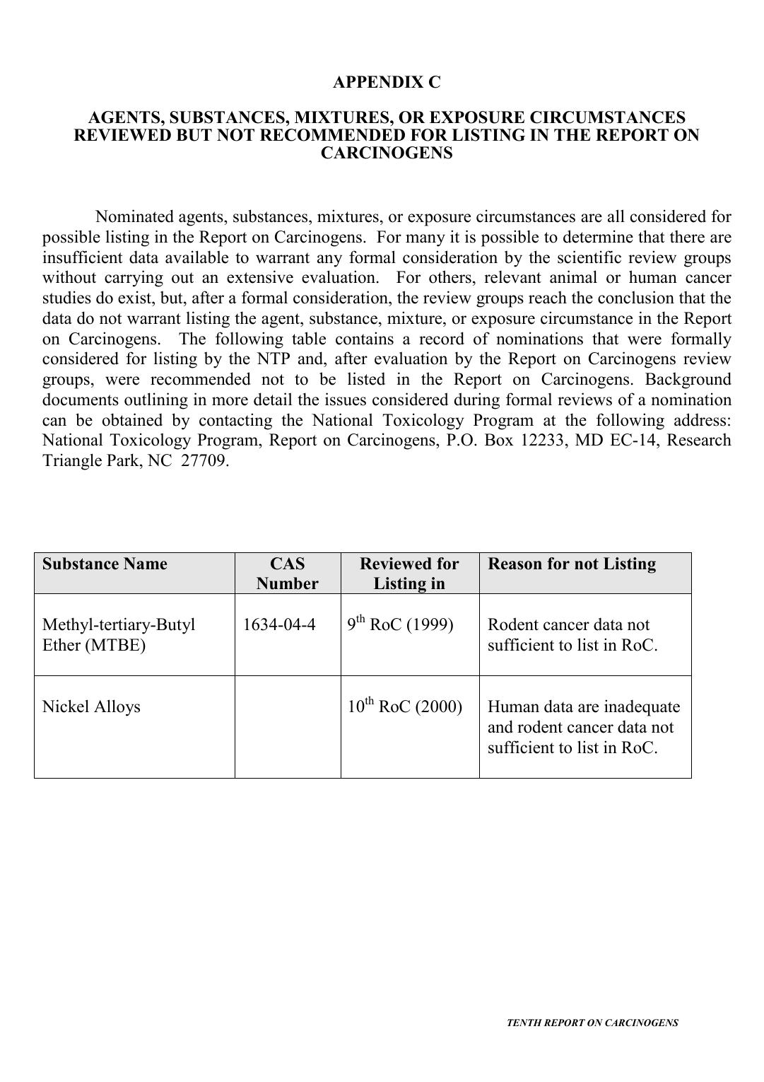 10th ROC:Appendix C:Agents, Substances, Mixtures, or Exposure Circumstances Reviewed but not Recommended for Listing by National Toxicology Program