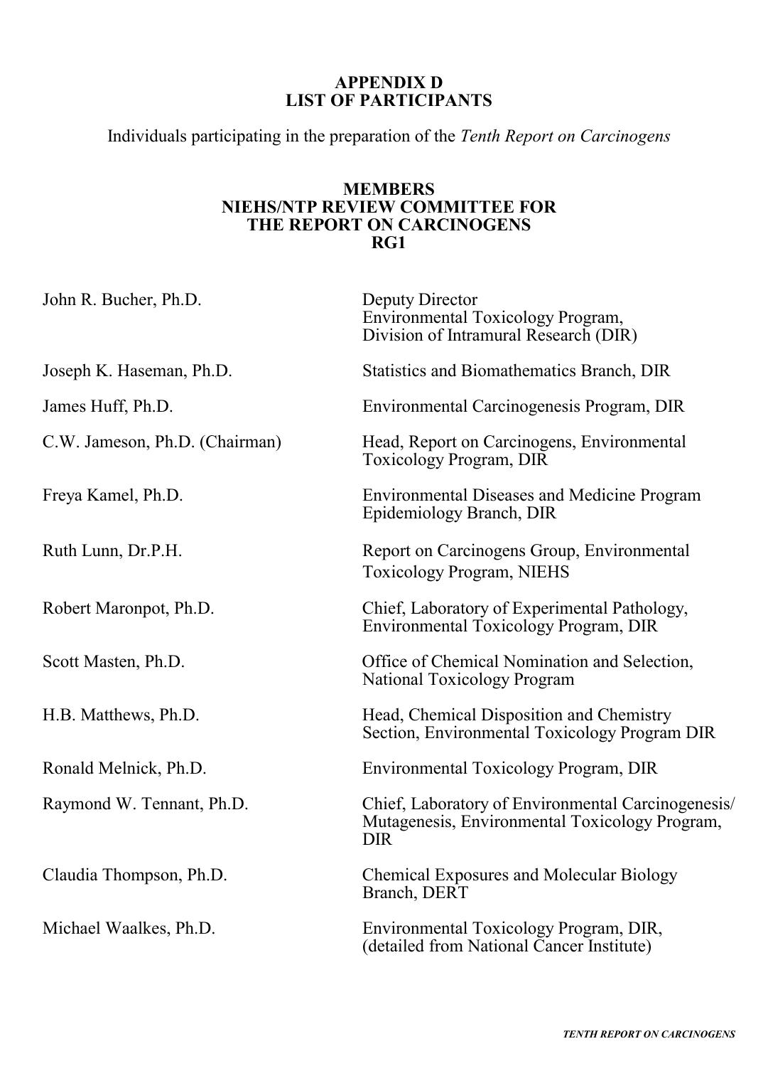 10th ROC:Appendix D: List of Participants by National Toxicology Program