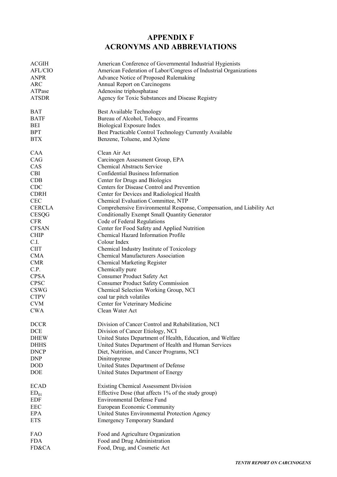 10th ROC:Appendix F: Acronyms and Abbreviations by National Toxicology Program