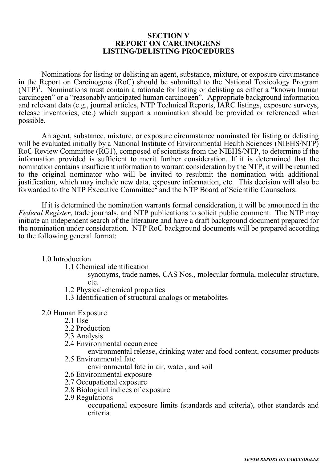 10th ROC:Section V: ListingDelisting Procedures by National Toxicology Program