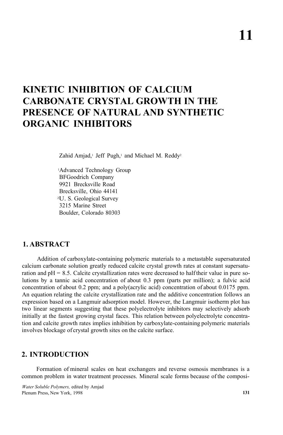 11. Kinetic Inhibition of Calcium Carbonate Crystal Growth in the Presence of Natural and Synthetic Organic Inhibitors by Unknown