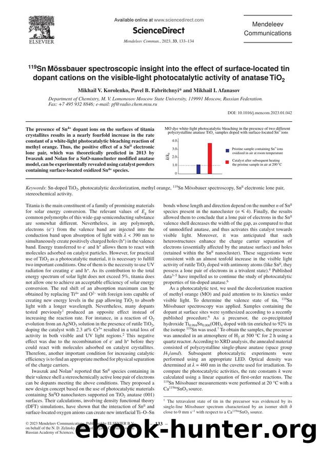 119Sn MÃ¶ssbauer spectroscopic insight into the effect of surface-located tin dopant cations on the visible-light photocatalytic activity of anatase TiO2 by Mikhail V. Korolenko & Pavel B. Fabritchnyi & Mikhail I. Afanasov