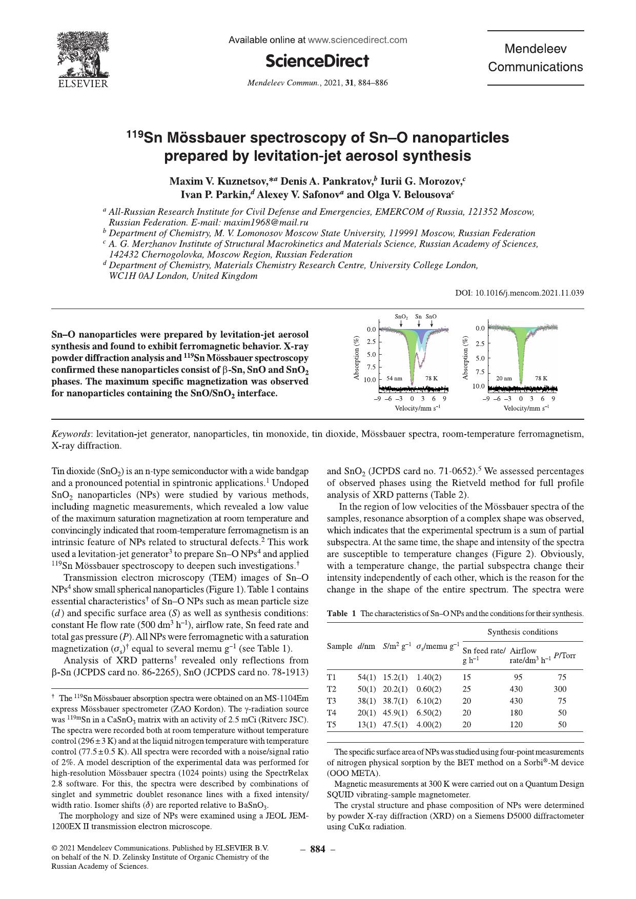 119Sn MÃ¶ssbauer spectroscopy of SnâO nanoparticles prepared by levitation-jet aerosol synthesis by unknow