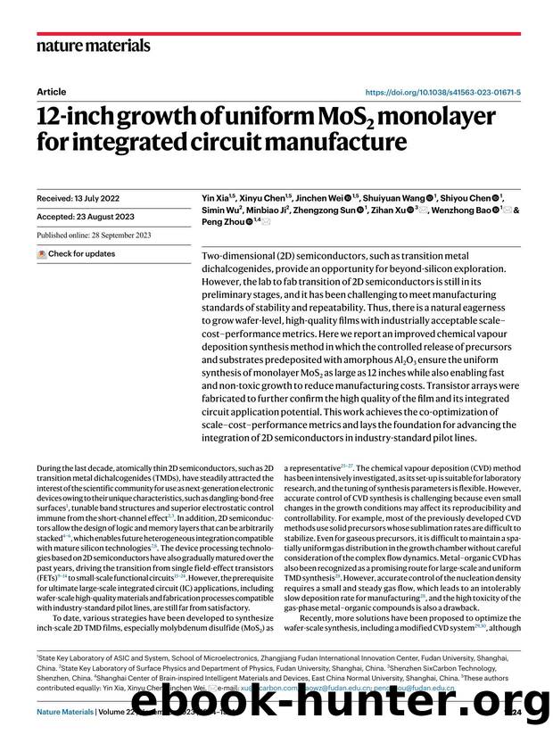 12-inch growth of uniform MoS2 monolayer for integrated circuit manufacture by unknow