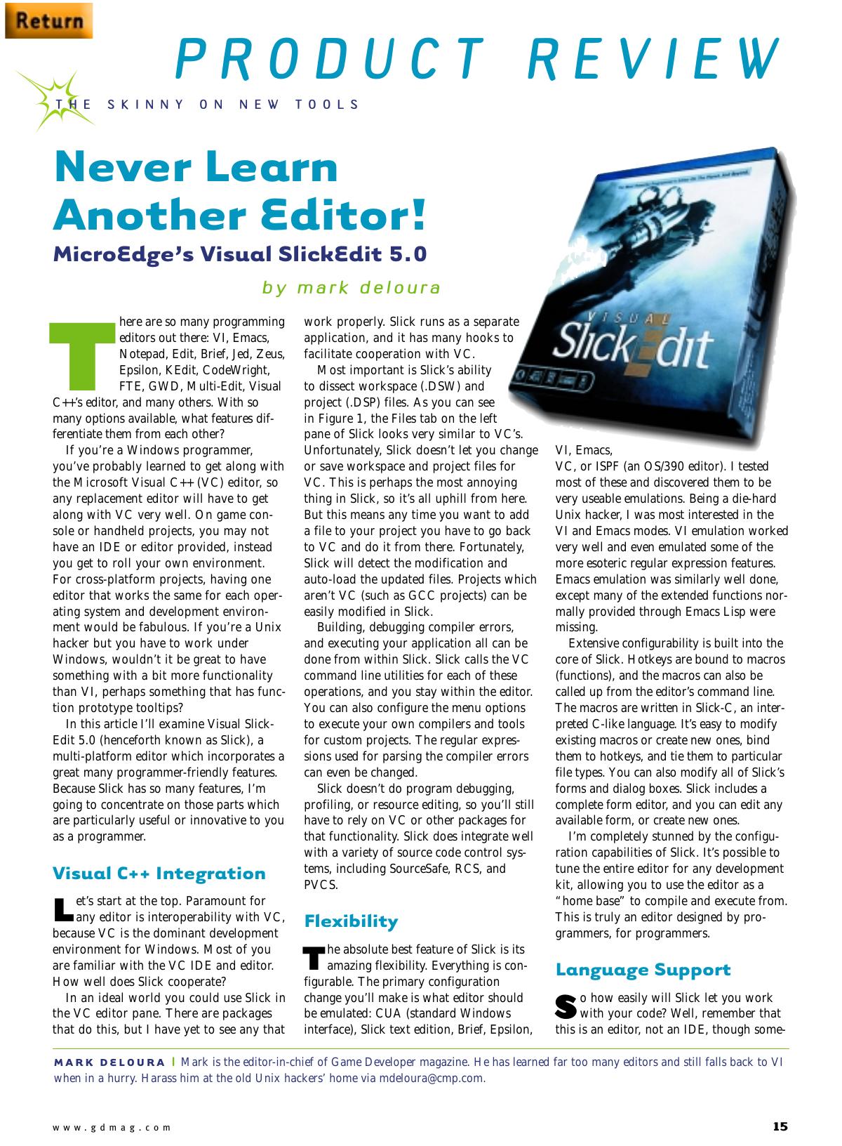 122000: Product Review: Never Learn Another Editor! MicroEdgeâs Visual SlickEdit 5.0 by Unknown