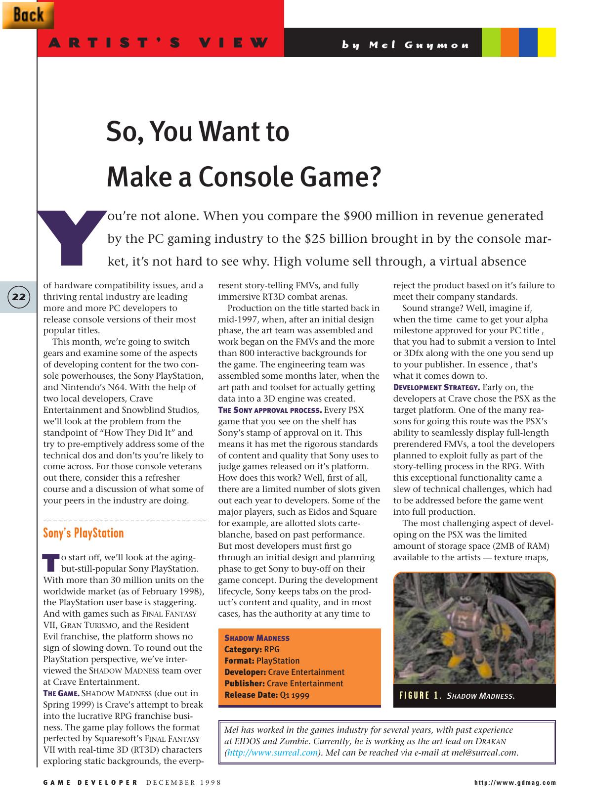 1298: Artist's View: So, You Want to Make a Console Game? by Unknown