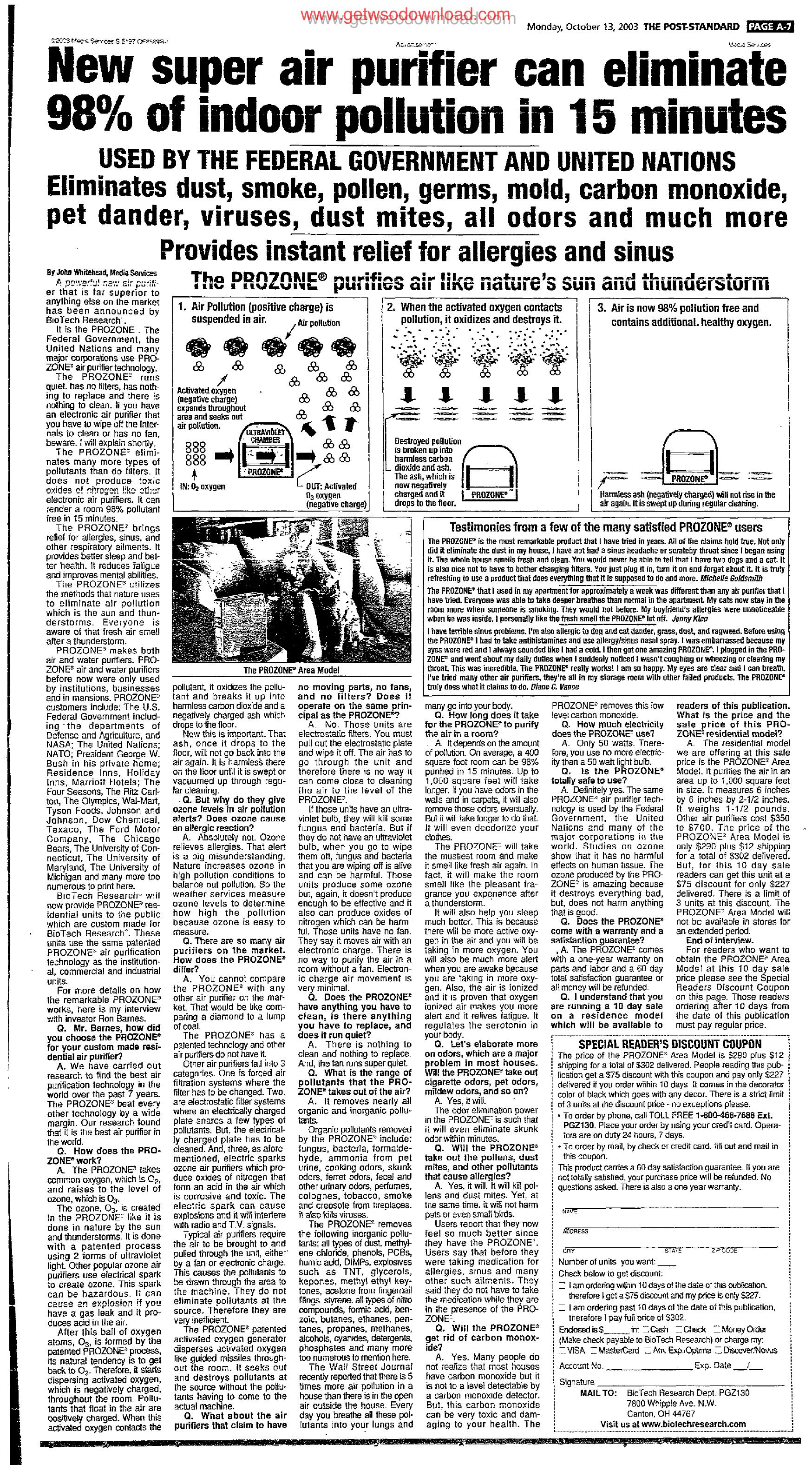 13 New super air purifier can eliminate 98 percent of indoor pollution in 15 minutes by Copyright 2005 Heritage Microfilm Inc. and Newspaperarchive.com