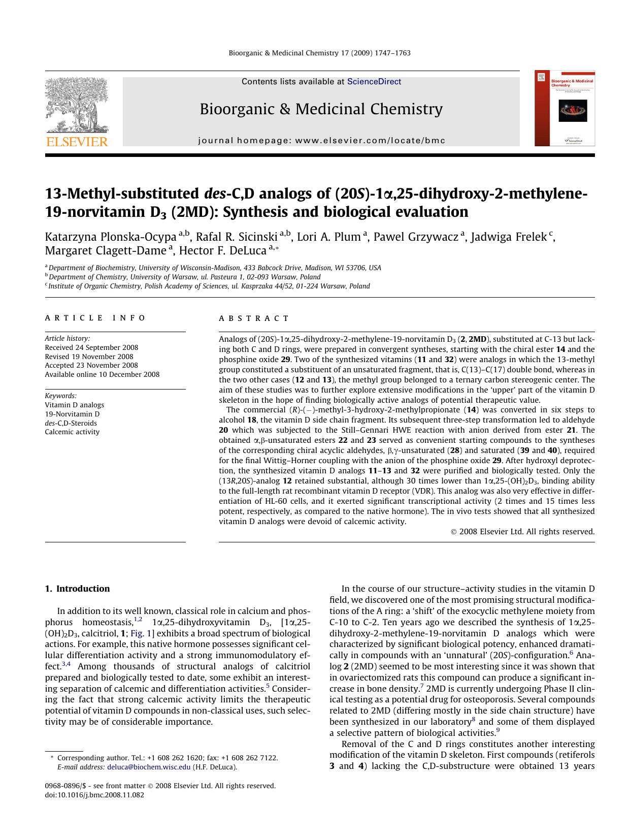 13-Methyl-substituted des-C,D analogs of (20S)-1Î±,25-dihydroxy-2-methylene-19-norvitamin D3 (2MD): Synthesis and biological evaluation by unknow