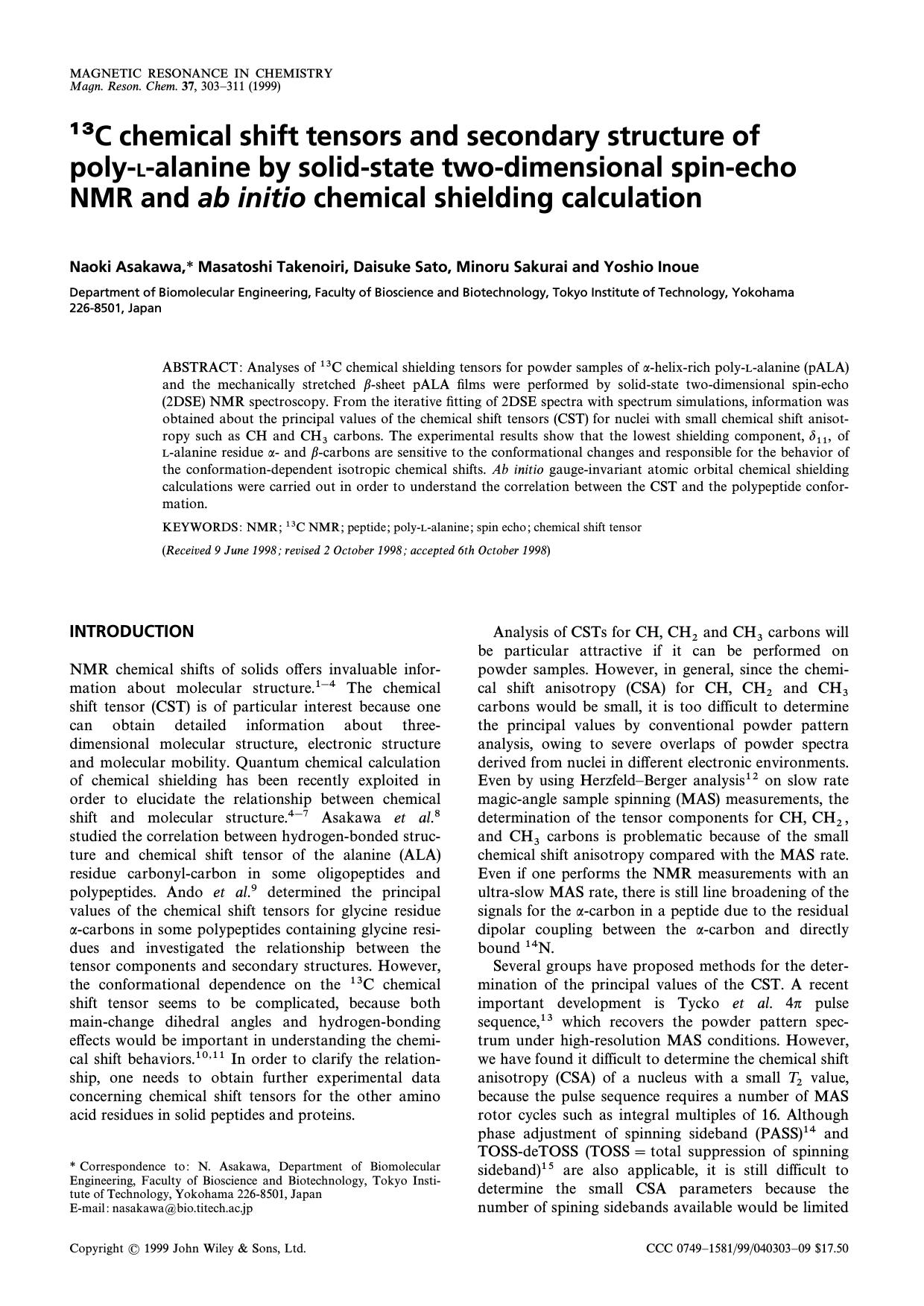 13C chemical shift tensors and secondary structure of poly-L-alanine by solid-state two-dimensional spin-echo NMR and ab initio chemical shielding calculation by Unknown