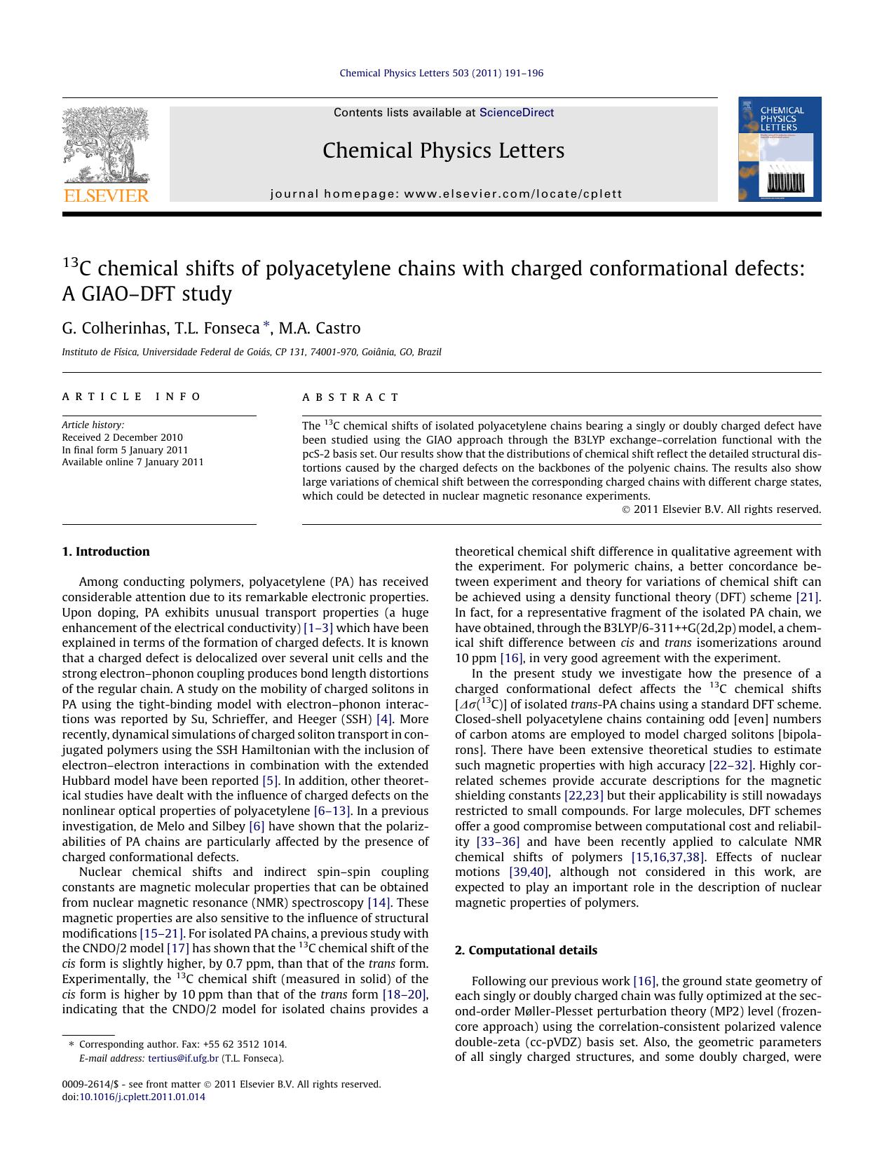 13C chemical shifts of polyacetylene chains with charged conformational defects: A GIAOÃ¢â¬âDFT study by G. Colherinhas & T.L. Fonseca & M.A. Castro