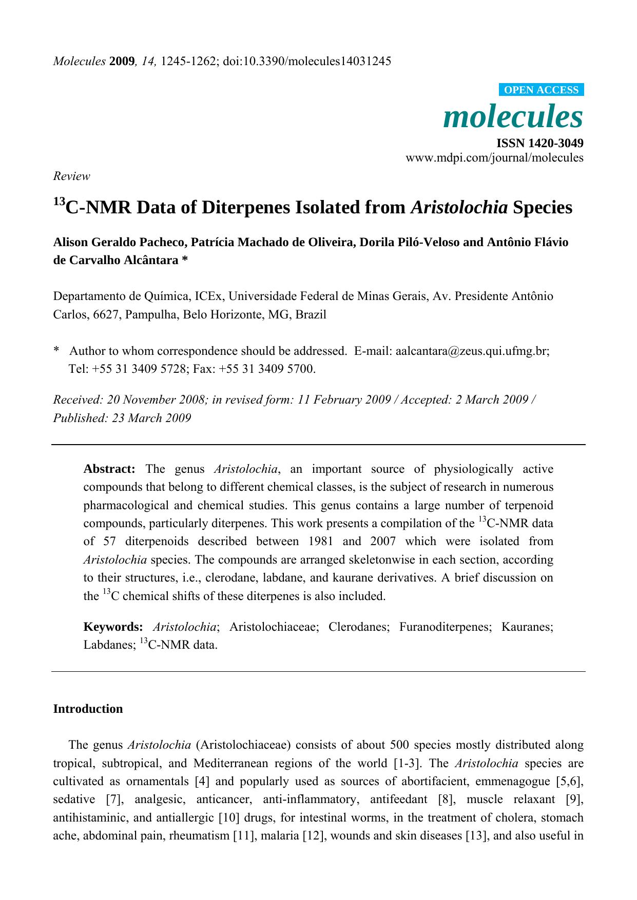 13C-NMR Data of Diterpenes Isolated from Aristolochia Species by unknow