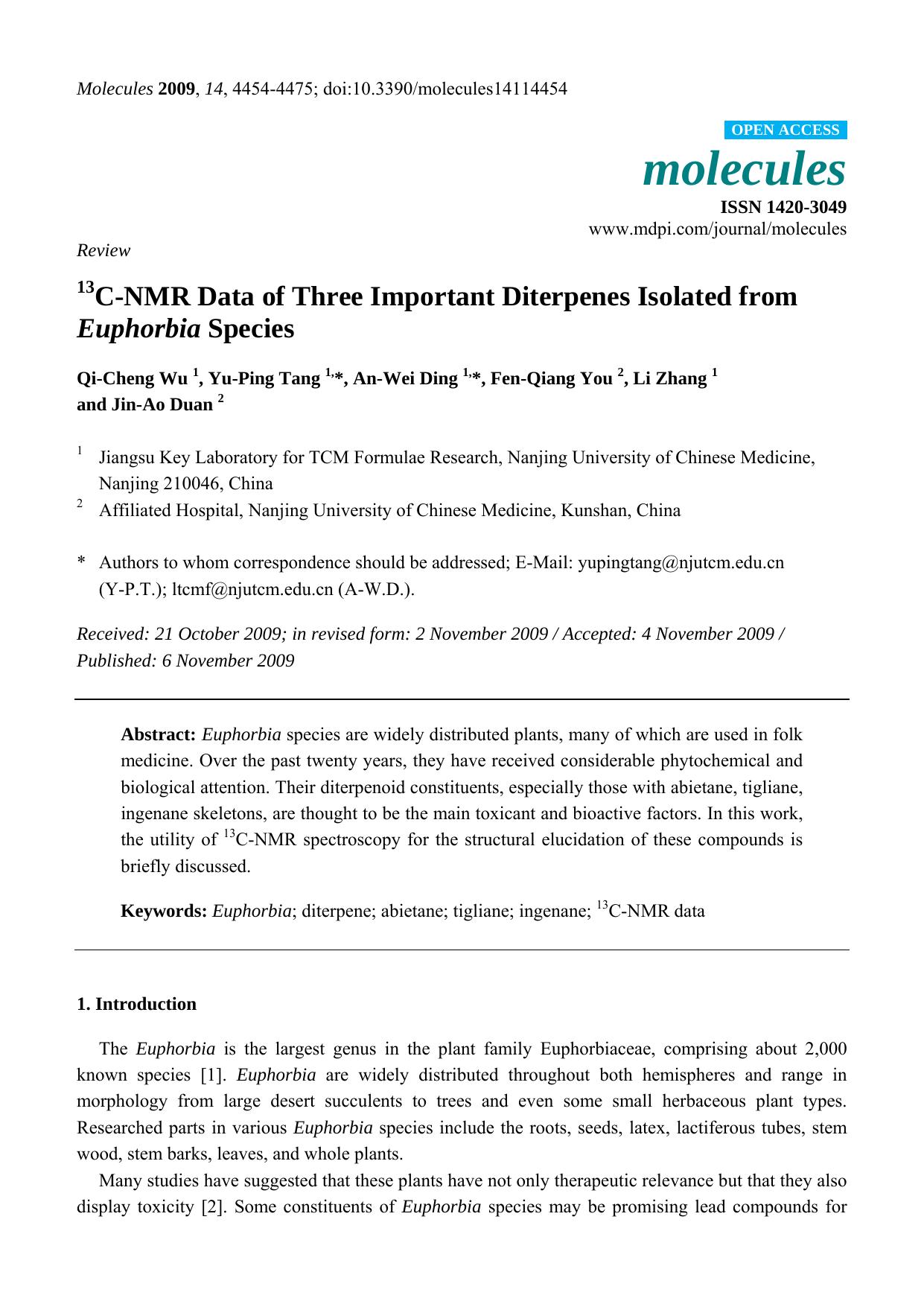 13C-NMR Data of Three Important Diterpenes Isolated from Euphorbia Species by Qi-Cheng Wu & Yu-Ping Tang & An-Wei Ding & Fen-Qiang You & Li Zhang & Jin-Ao Duan
