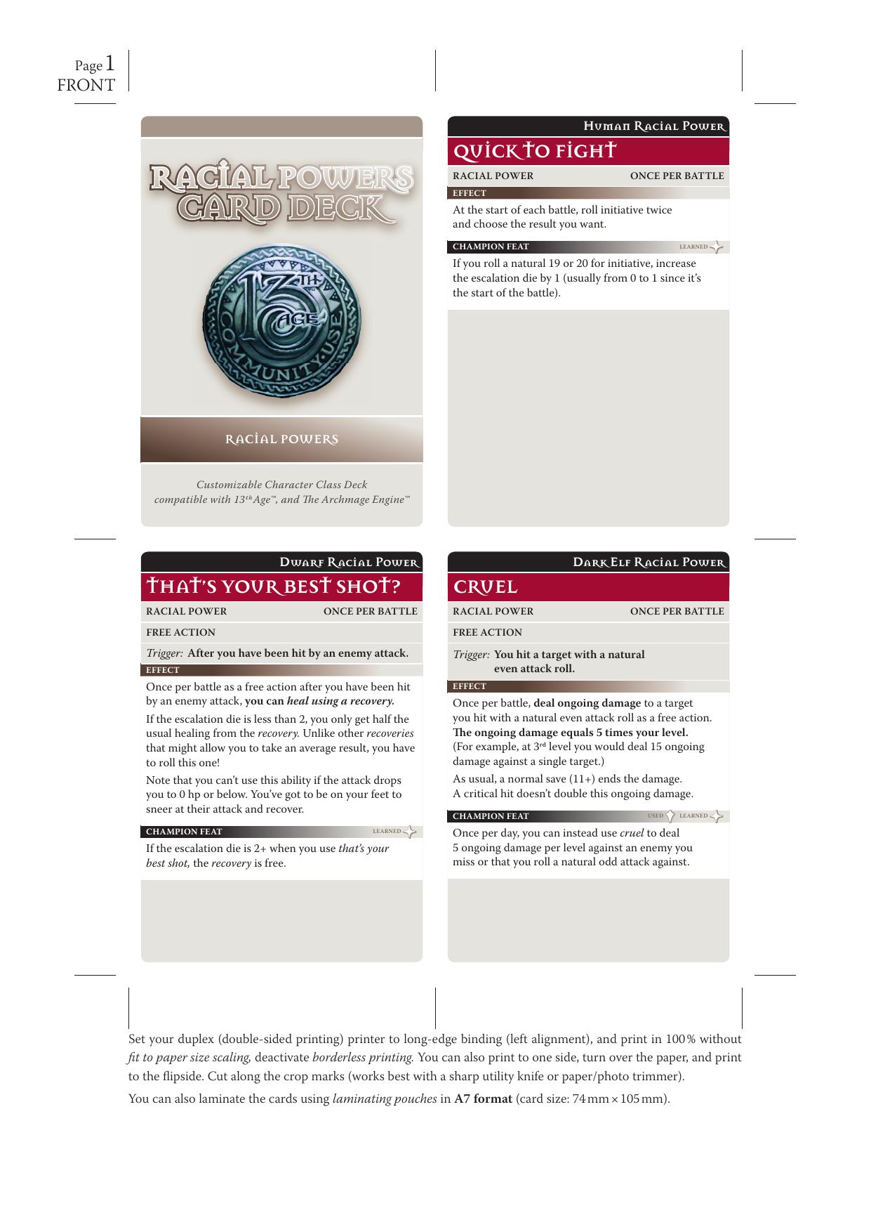 13th Age Racial Powers Deck A7 PDoc Duplex v1 by Unknown