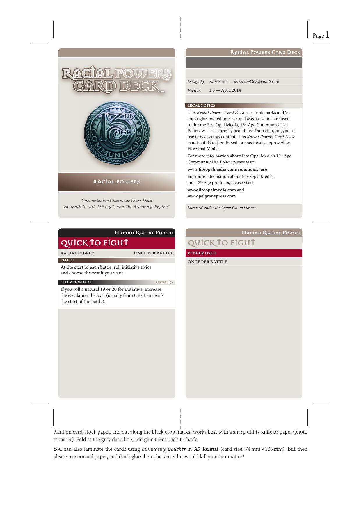 13th Age Racial Powers Deck A7 PDoc Fold v1 by Unknown