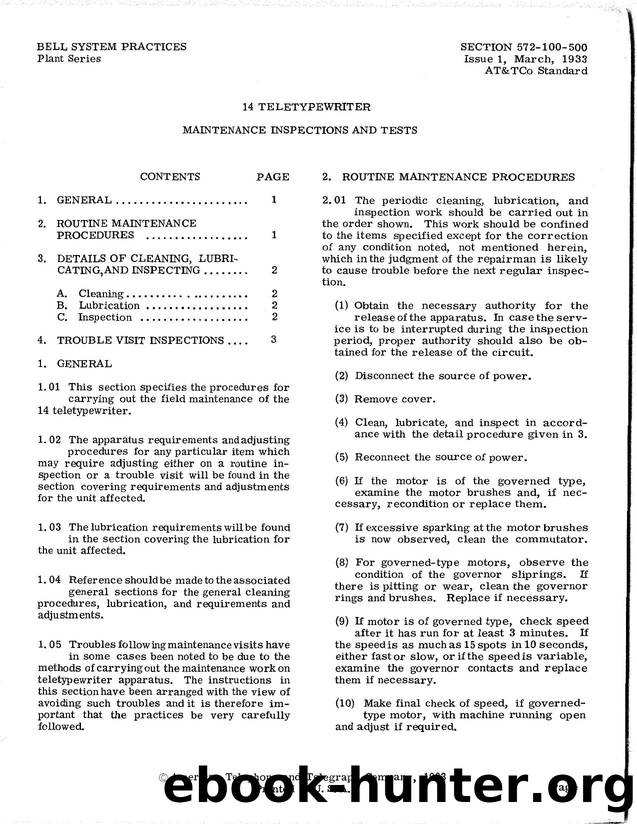 14 TELETYPEWRITER MAINTENANCE INSPECTIONS AND TESTS by Teletype