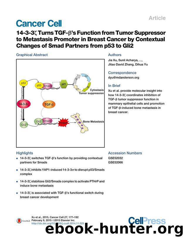 14-3-3&zeta; Turns TGF-&beta;'s Function from Tumor Suppressor to Metastasis Promoter in Breast Cancer by Contextual Changes of Smad Partners from p53 to Gli2 by unknow