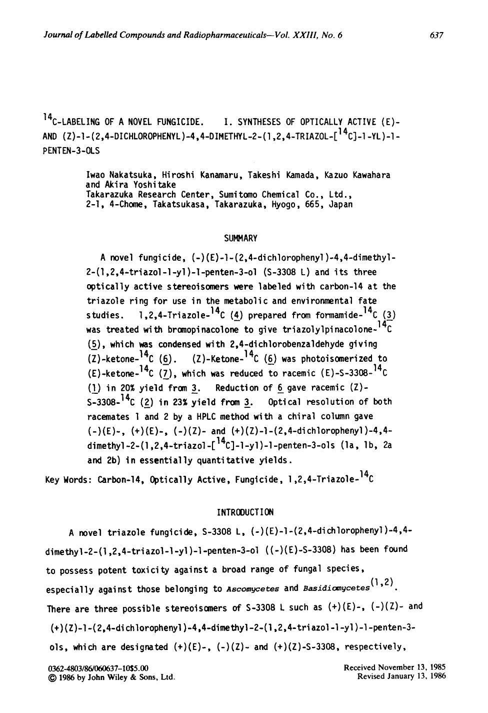 14C-labeling of a novel fungicide. I. Syntheses of optically active (E)-and (Z)-1-(2,4-dichlorophenyl)-4,4-dimethyl-2-(1,2,4-triazol-[14C]-1-YL)-1-penten-3-OLS by Unknown