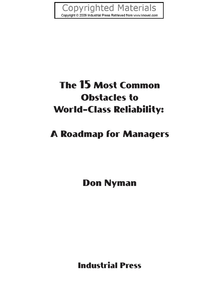 15 Most Common Obstacles to World-Class Reliability - A Roadmap for Managers by Nyman Don