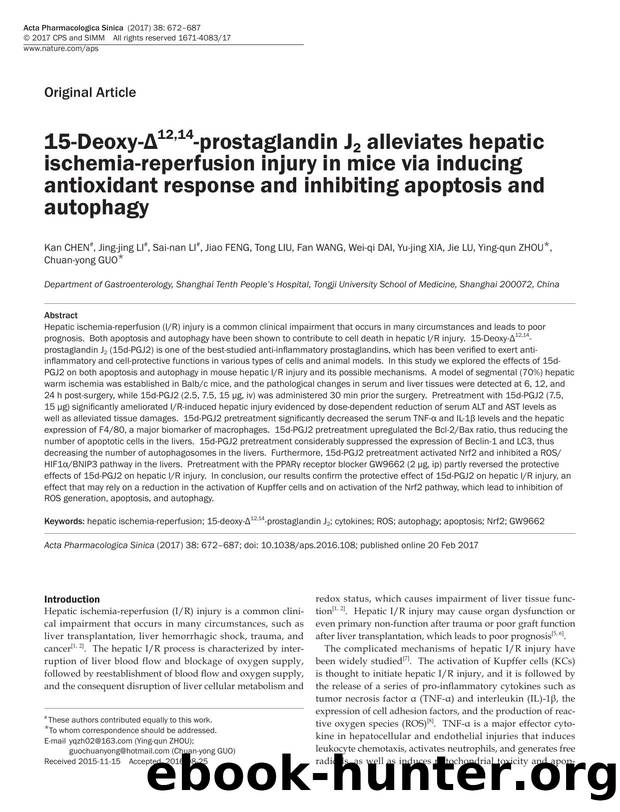 15-Deoxy-Î12,14-prostaglandin J2 alleviates hepatic ischemia-reperfusion injury in mice via inducing antioxidant response and inhibiting apoptosis and autophagy by unknow