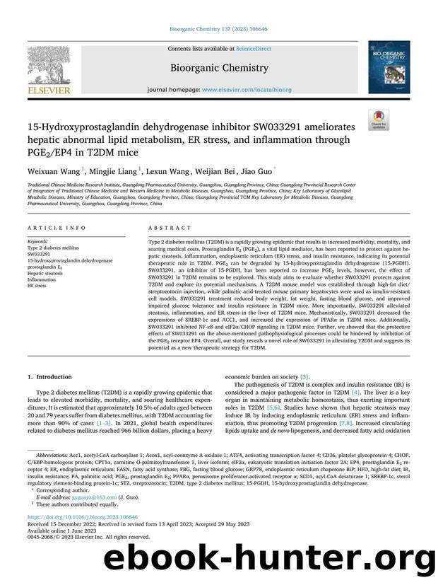 15-Hydroxyprostaglandin dehydrogenase inhibitor SW033291 ameliorates hepatic abnormal lipid metabolism, ER stress, and inflammation through PGE2EP4 in T2DM mice by Weixuan Wang & Mingjie Liang & Lexun Wang & Weijian Bei & Jiao Guo