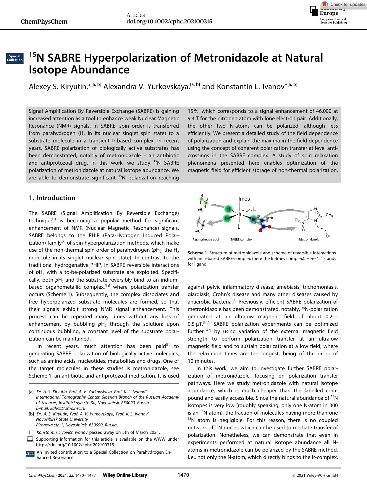 15N SABRE Hyperpolarization of Metronidazole at Natural Isotope Abundance by Unknown