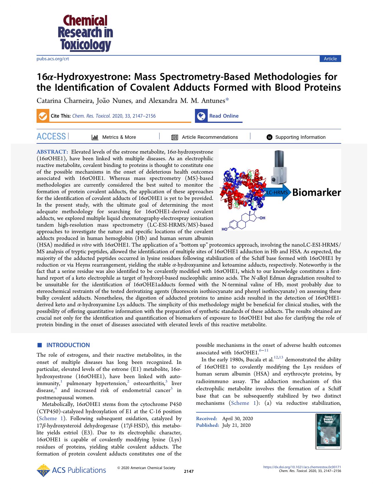 16Î±-Hydroxyestrone: Mass Spectrometry-Based Methodologies for the Identification of Covalent Adducts Formed with Blood Proteins by Catarina Charneira João Nunes and Alexandra M. M. Antunes