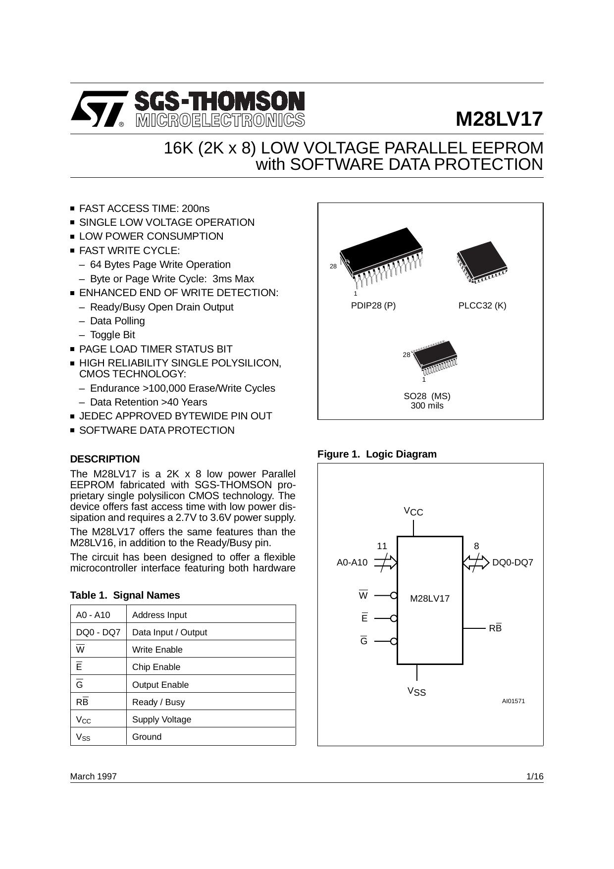 16K (2K X 8) LOW VOLTAGE PARALLEL EEPROM WITH SOFTWARE DATA PROTECTION by SGS-THOMSON Microelectronics