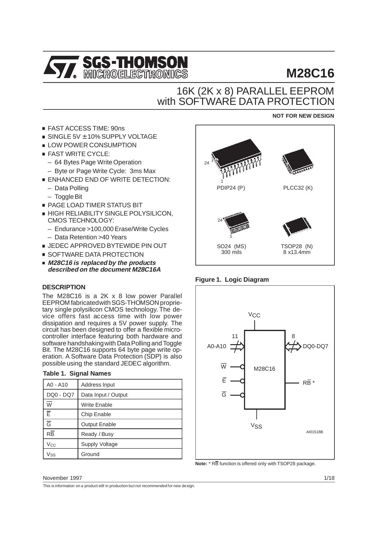 16K (2K X 8) PARALLEL EEPROM WITH SOFTWARE DATA PROTECTION by SGS-THOMSON Microelectronics