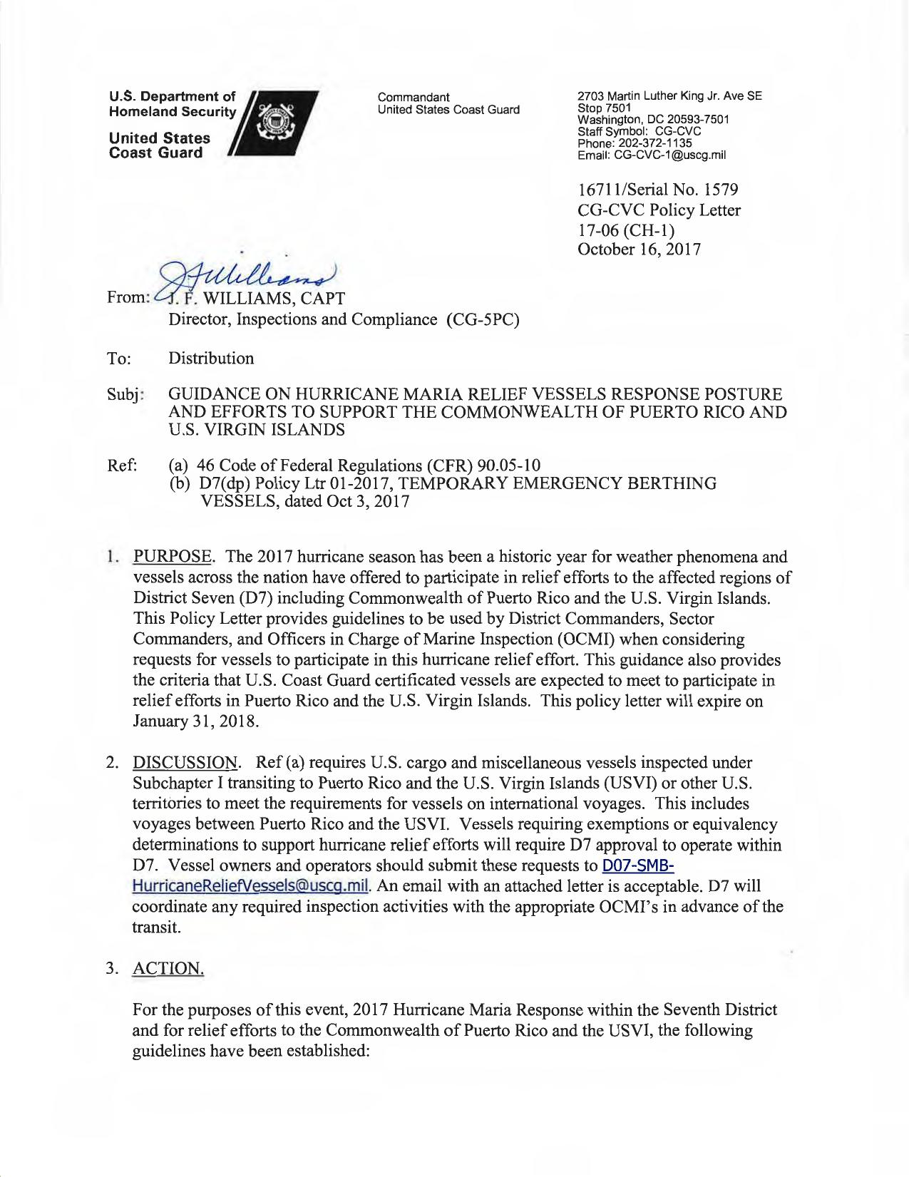 17-06 - (CH-1) - Guidance on Hurricane Maria Relief Vessels Response Posture and Efforts to Support the Commonwealth of Puerto Rico and U.S. Virgin Islands by Redistributed by Regs4ships Ltd