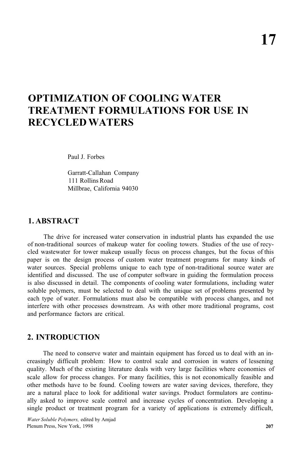 17. Optimization of Cooling Water Treatment Formulations for Use in Recycled Waters by Unknown