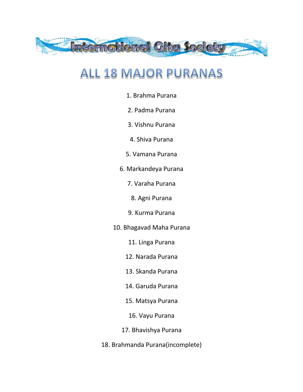 18 Major Puranas of India by International Gita Society