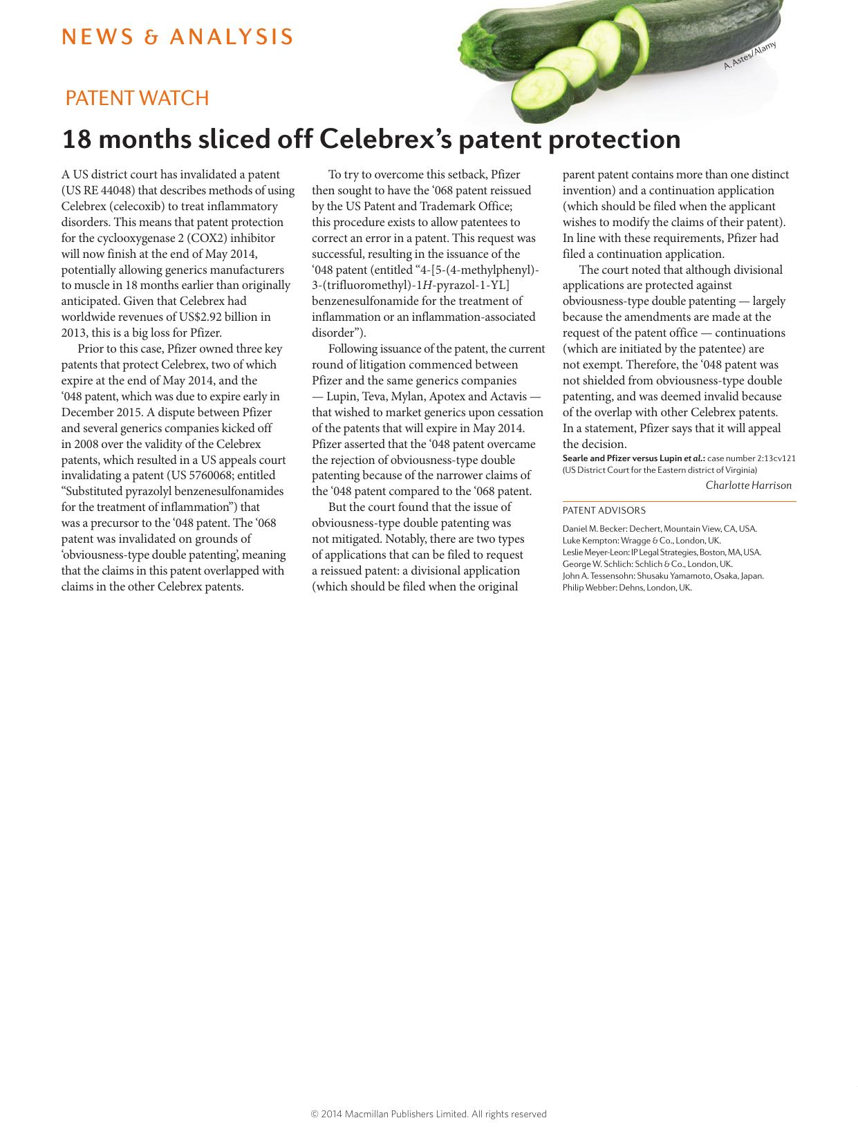 18 months sliced off Celebrex's patent protection by Charlotte Harrison