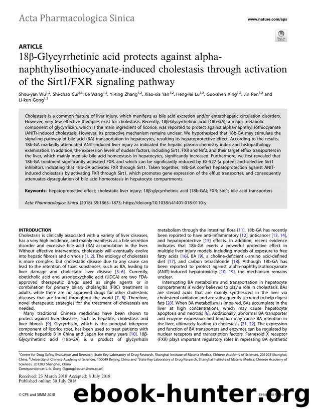 18ÃÂ²-Glycyrrhetinic acid protects against alpha-naphthylisothiocyanate-induced cholestasis through activation of the Sirt1FXR signaling pathway by unknow