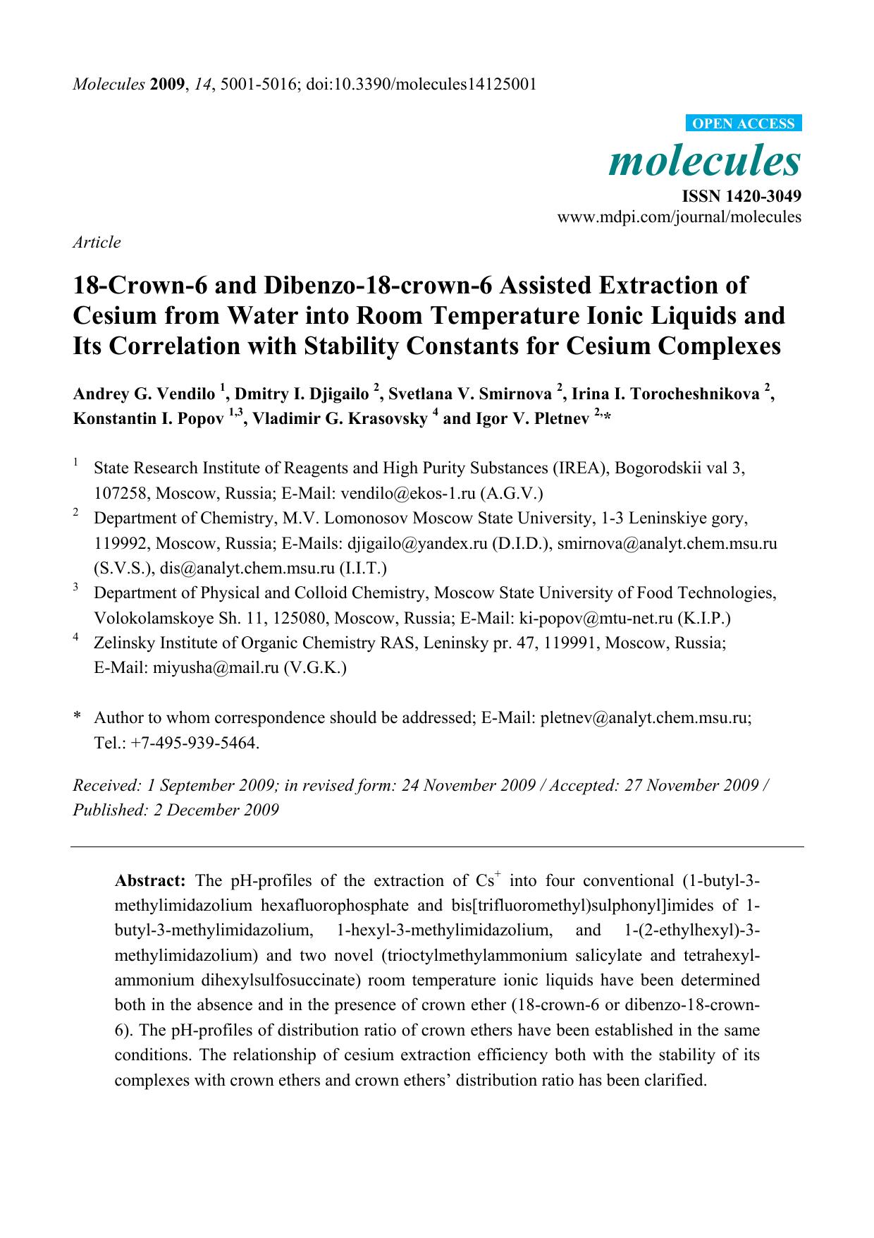 18-Crown-6 and Dibenzo-18-crown-6 Assisted Extraction of Cesium from Water into Room Temperature Ionic Liquids and Its Correlation with Stability Constants for Cesium Complexes by unknow