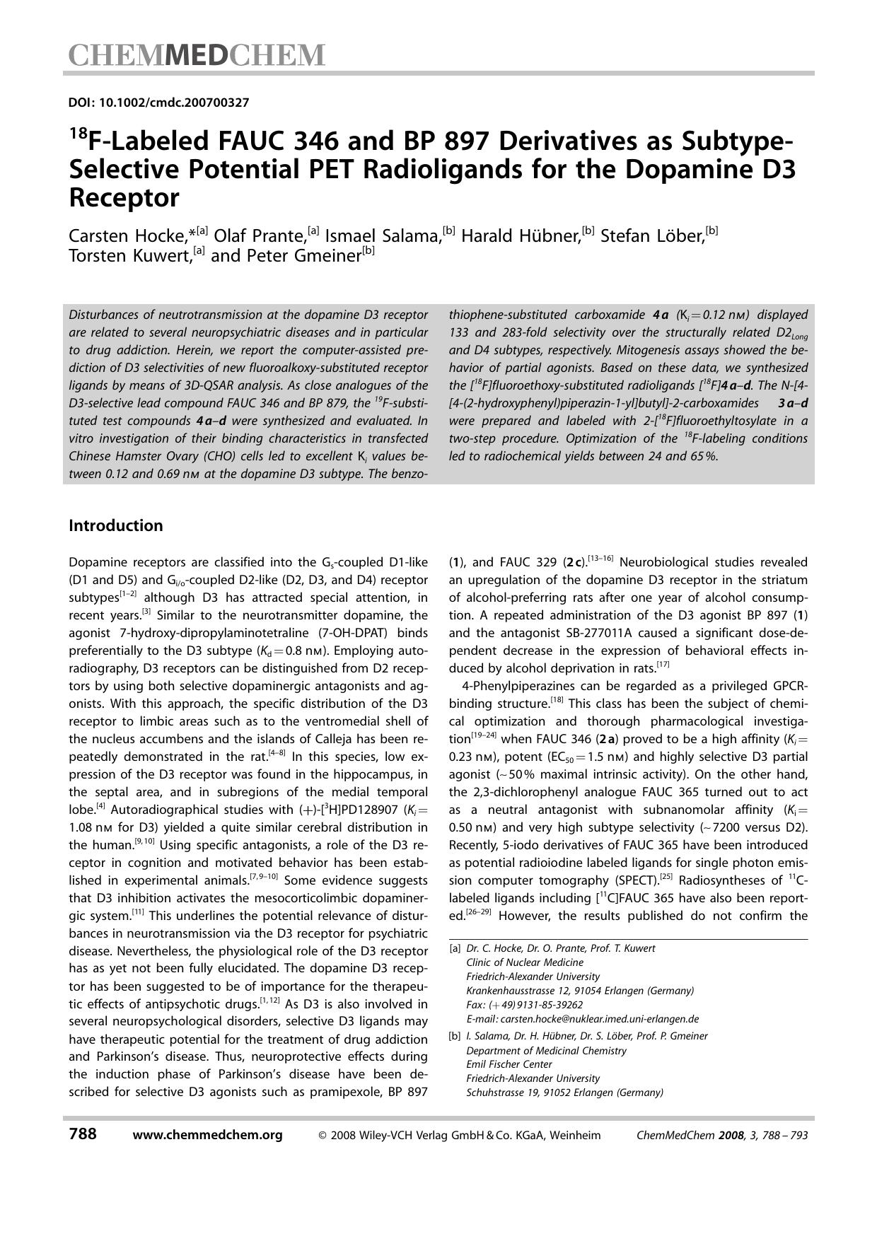 18F-Labeled FAUC 346 and BP 897 Derivatives as Subtype-Selective Potential PET Radioligands for the Dopamine D3 Receptor by Unknown