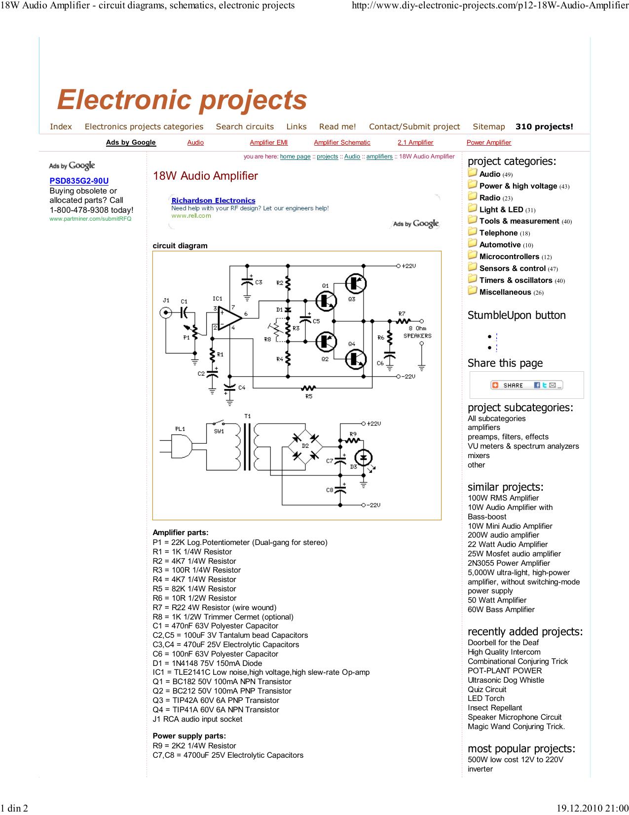 18W Audio Amplifier - circuit diagrams, schematics, electronic projects by Owner
