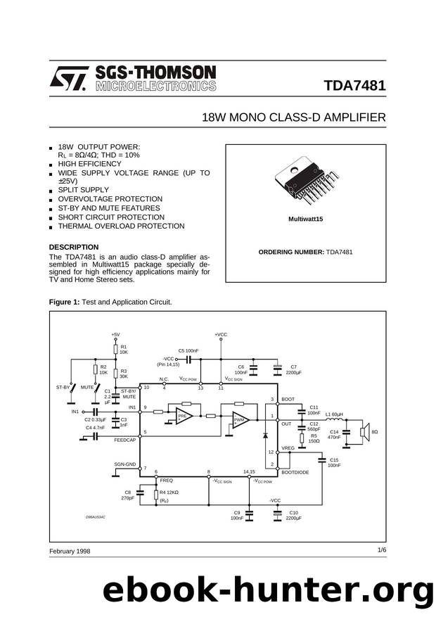 18W MONO CLASS D AMPLIFIER by SGS-THOMSON Microelectronics