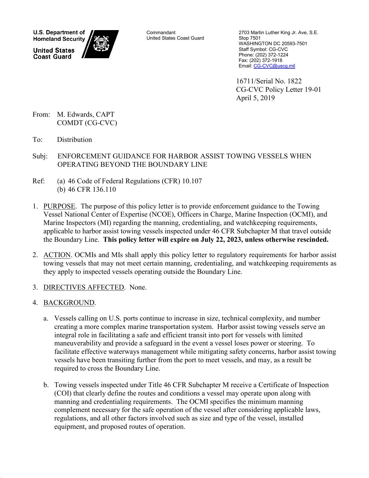 19-01 - Enforcement Guidance for Harbor Assist Towing Vessels when Operating Beyond the Boundary Line by SGudgel