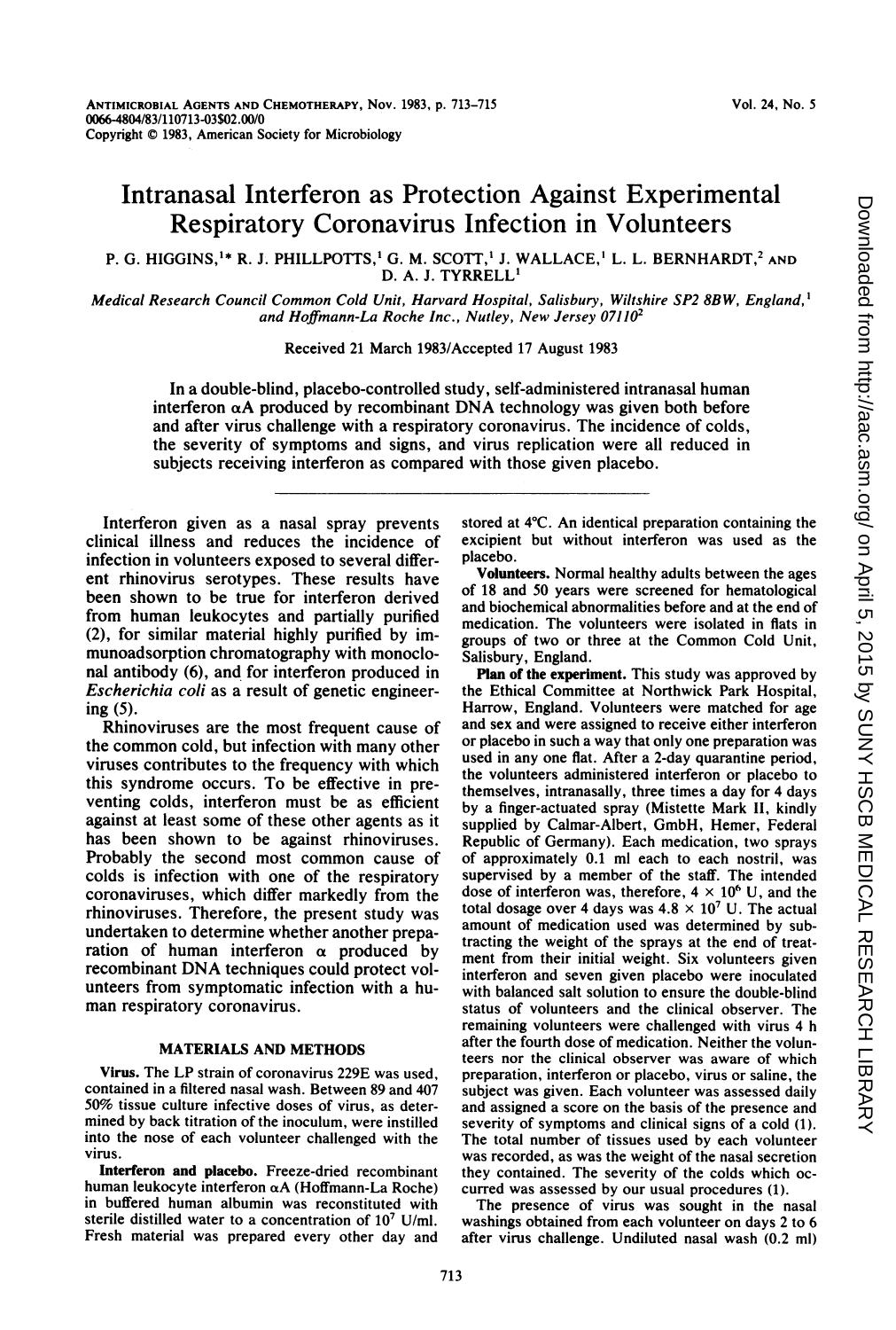 1983 Intranasal interferon as protection against experimental respiratory coronavirus infection in volunteers by Unknown
