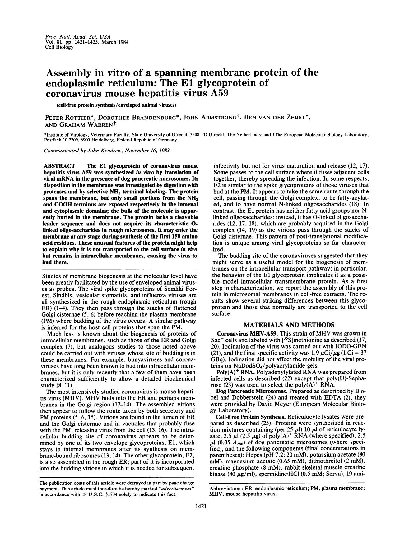 1984 Assembly in vitro of a spanning membrane protein of the endoplasmic reticulum the E1 glycoprotein of coronavirus m by Unknown