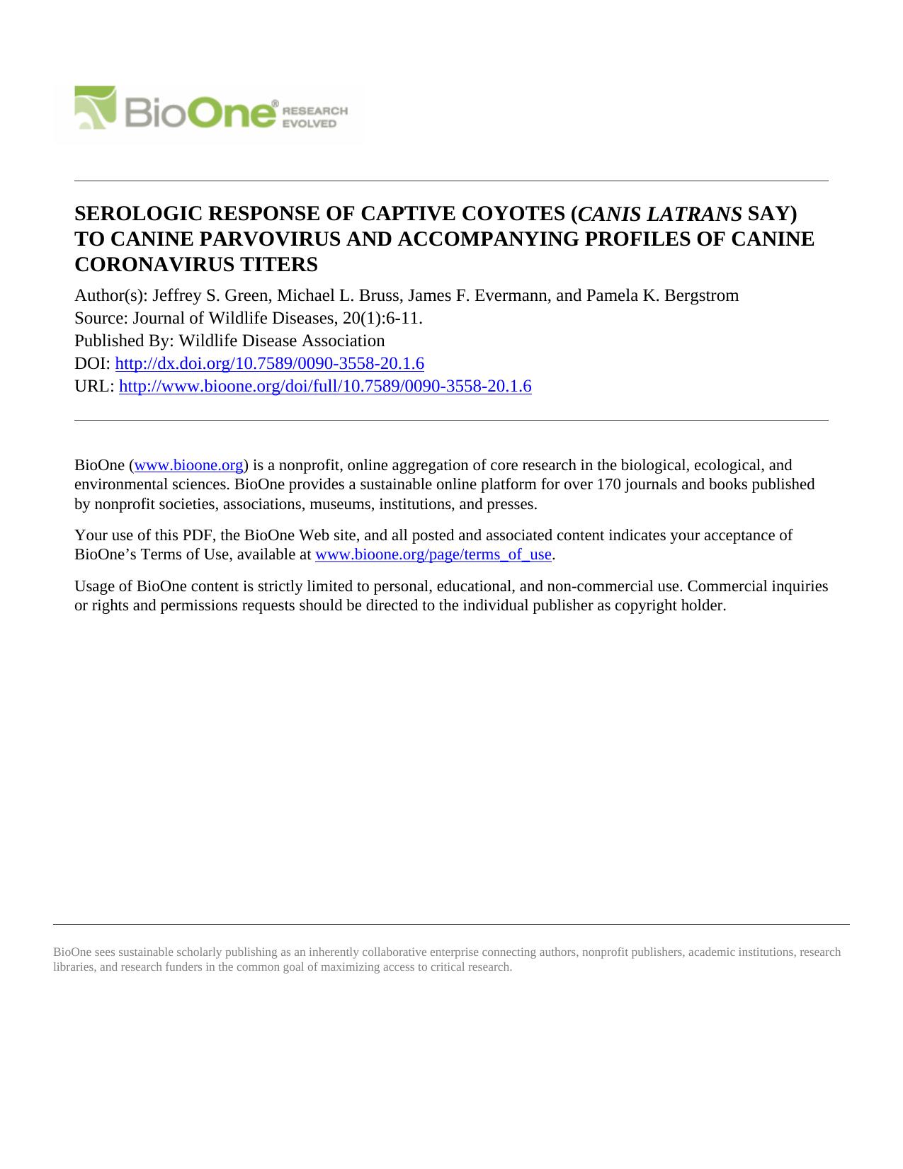 1984 SEROLOGIC RESPONSE OF CAPTIVE COYOTES (CANIS LATRANS SAY) TO CANINE PARVOVIRUS AND ACCOMPANYING PROFILES OF CANINE by Unknown