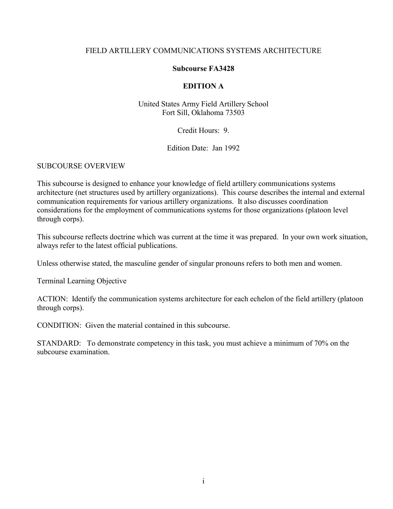 1992 US Army FIELD ARTILLERY COMMUNICATIONS SYSTEMS ARCHITECTURE 143p by Unknown